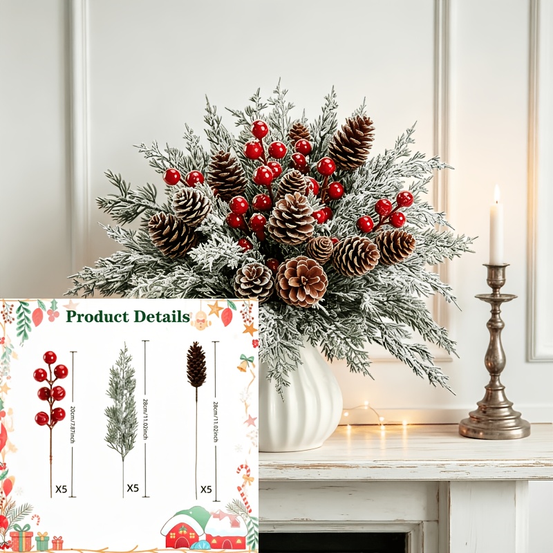 TEMU 15pcs New Christmas Artificial Floral Arrangementâplastic Pine Cones, Red Berries With Norfolk Pine Branches Set, Suitable For Diy
