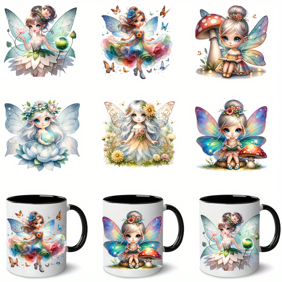 

6pcs Of Uv Dtf Transfer Fairy Design Stickers For Glass Cups, Diy Wrap Transfer Stickers, Crystal Labels For 16oz Glass Cups, Waterproof Bottle Stickers, Adhesive Stickers Of High Quality.