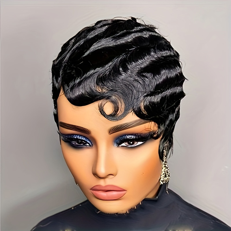 

Chic Cut Wig For Women - 180% Density Brazilian Remy Human Hair, Ocean Wave Style With Finger Waves, Cap