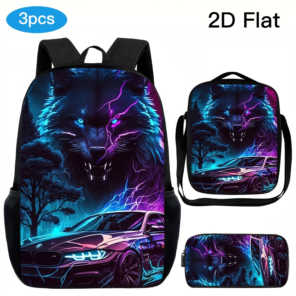TEMU Ensemble de 3 pièces de sac à dos unisexe de grande , style tendance et cool avec motif de voiture de sport fluo et de , motif imprimé 2D,