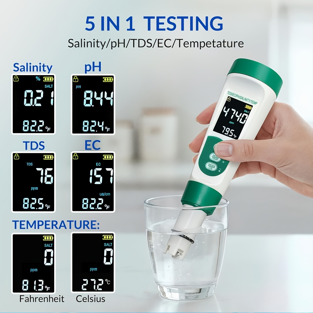   portable water quality testing pen ph tds salt ec and temperature multi   tester suitable for swimming pools aquariums drinking water etc water quality tester suitable for water quality engineers