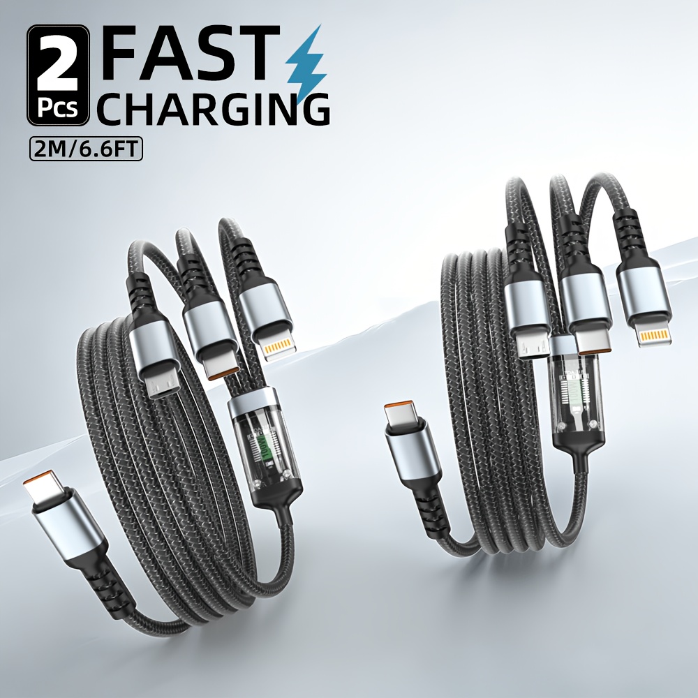 TEMU 2pcs 2m/6.6ft 3-in-1 Usb-c Fast Charging Cable With Type-c, Micro Usb, Port For Iphone Huawei Xiaomi, A Line, Home, Travel, Office
