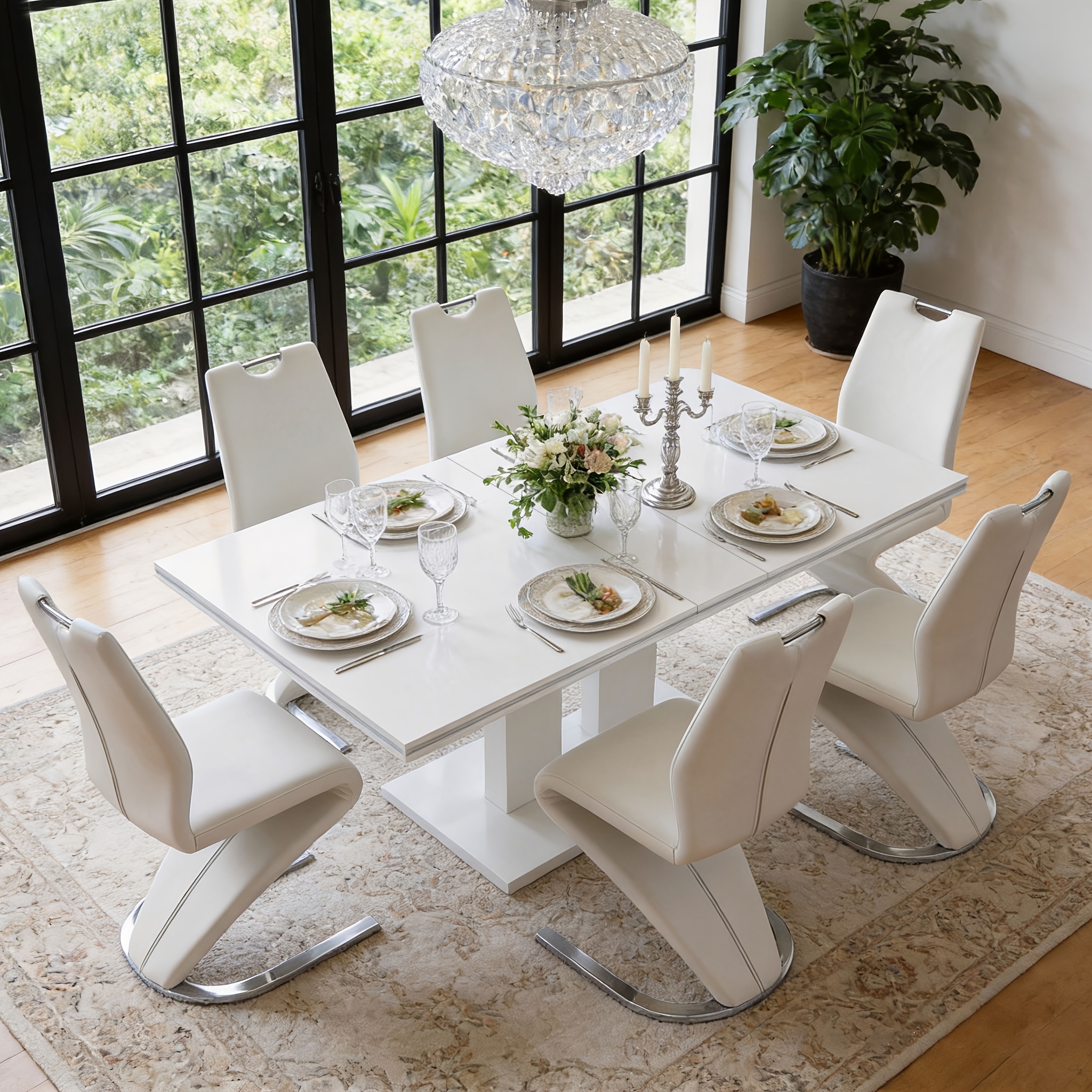 2026 Expandable Dining Table And Chair Set With 6 Chairs, 140-180cm Telescopic Table, High Backrest Chair, High-quality Tabletop, Metal Legs, Dining Room, Living Room, Kitchen, 2 Colors From