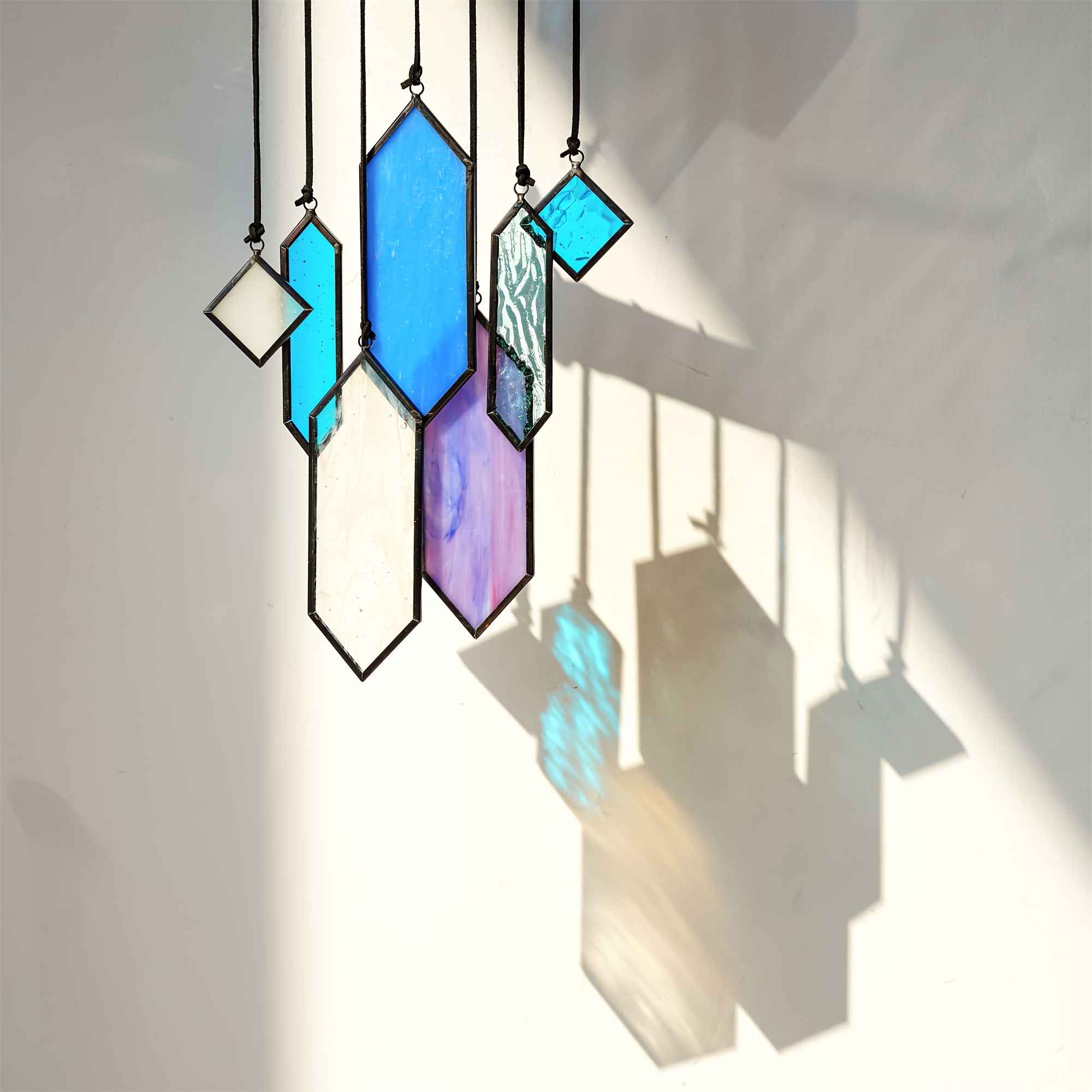 

Handcrafted Blue Stained Glass Suncatchers - 7pcs Earth Tone Window Hanging Set, Modern Wall Art Decor