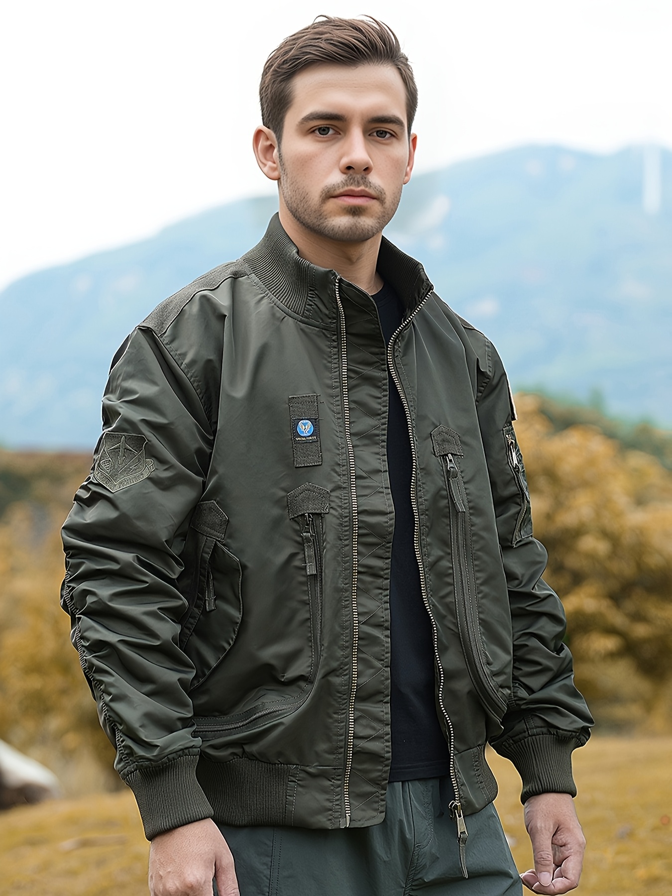 *'S Olive *1 Military-Inspired, Long Sleeve, Polyester, Zip-Up with  Pockets, Stand Collar