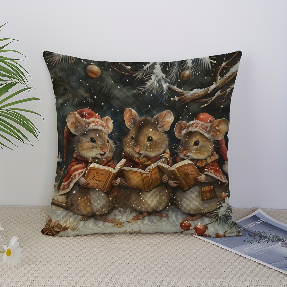 TEMU 1pc Suige Home Cozy Christmas Mouse Throw Pillow Cover - Soft Polyester, Zippered, Machine Washable With Winter Scene - Perfect For Couch & Bed
