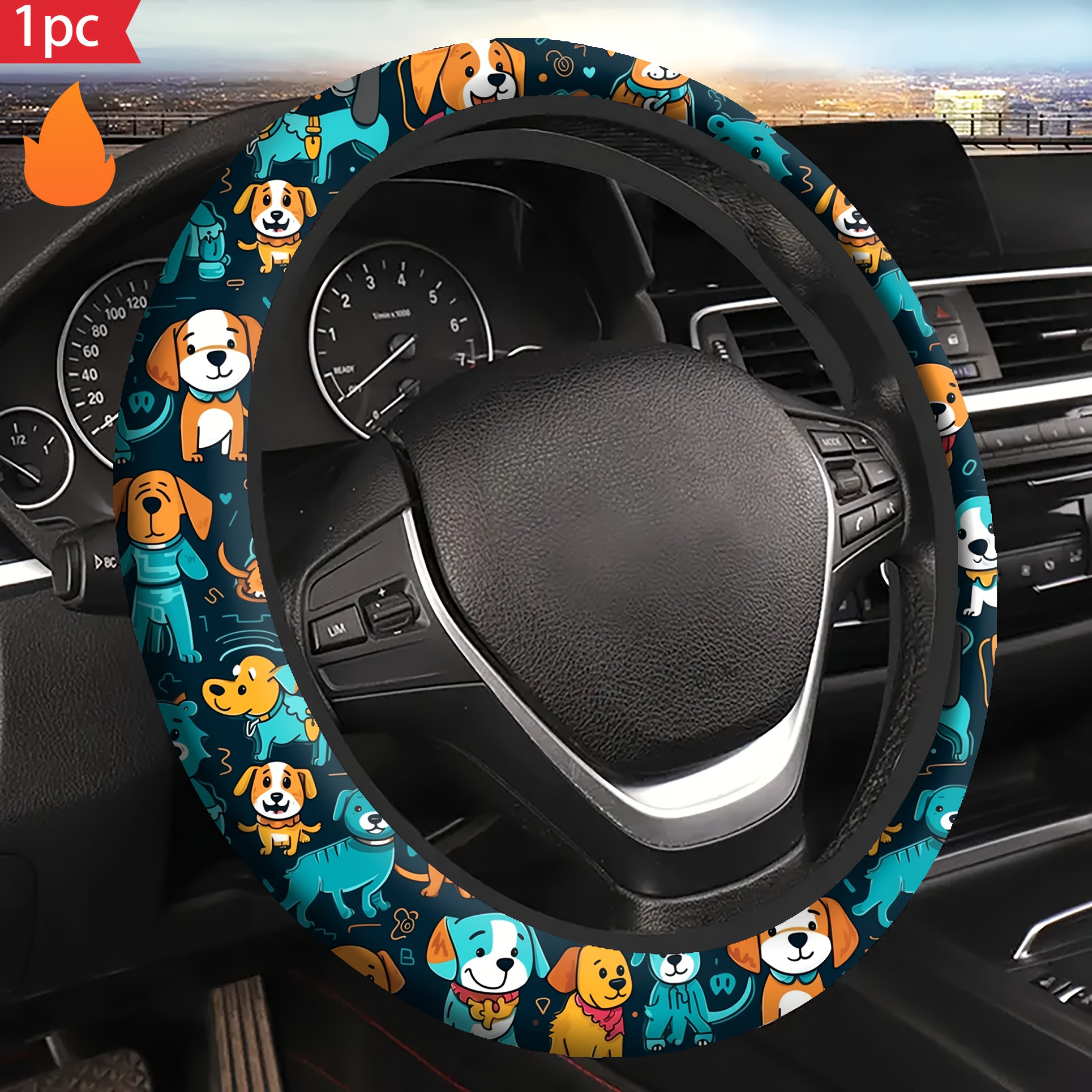 TEMU 1pc Puppy Printed Steering Wheel Cover, 15-inch Universal Fit For Most Cars, Suvs, Trucks. Anti-slip Durable Breathable Style Accessory Steering