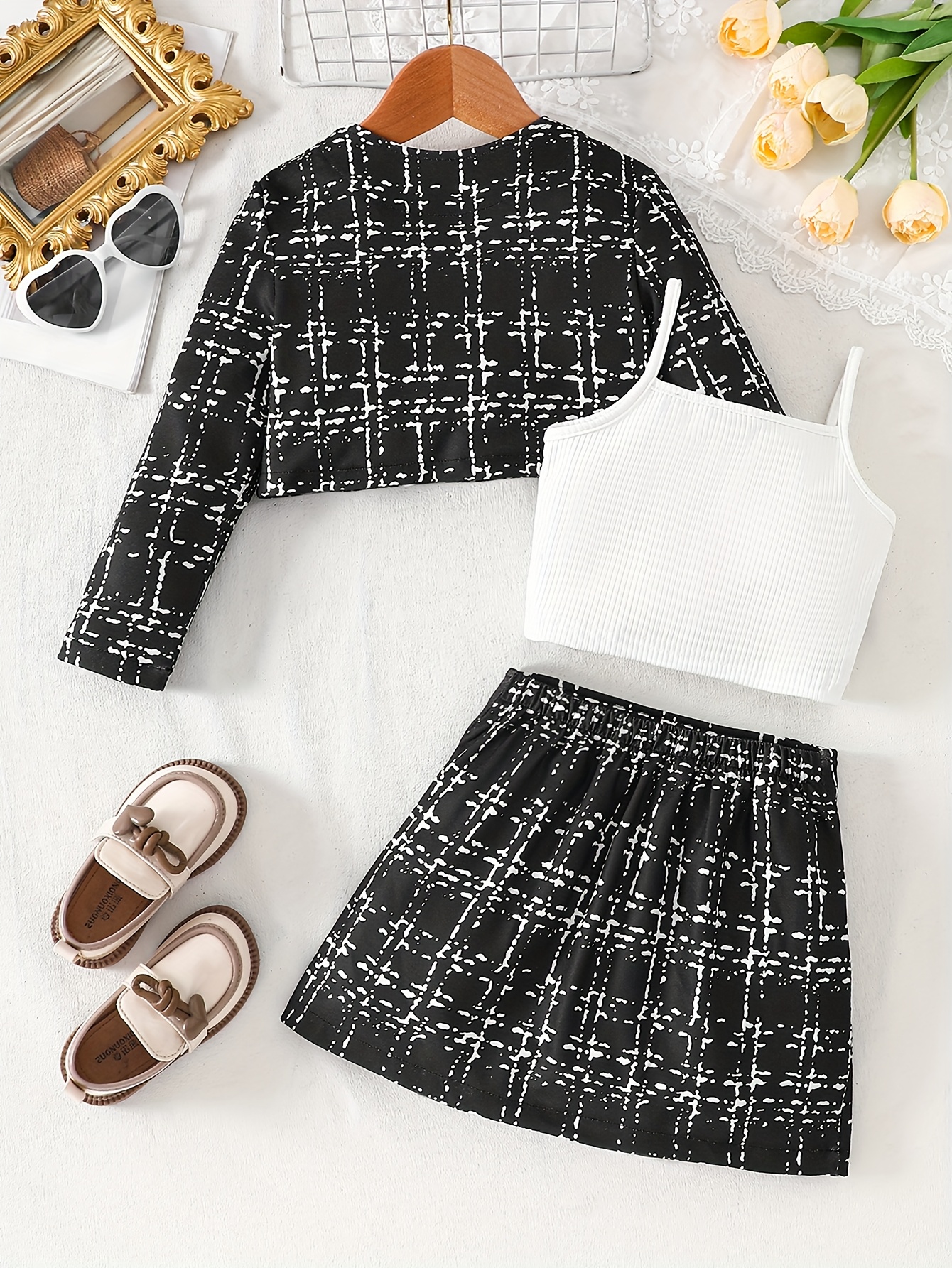 3pcs girls spring autumn set lightweight knit button up long sleeve jacket stretchy camisole   skirt for girls aged 3 8 suitable for outdoor wear Product details 1