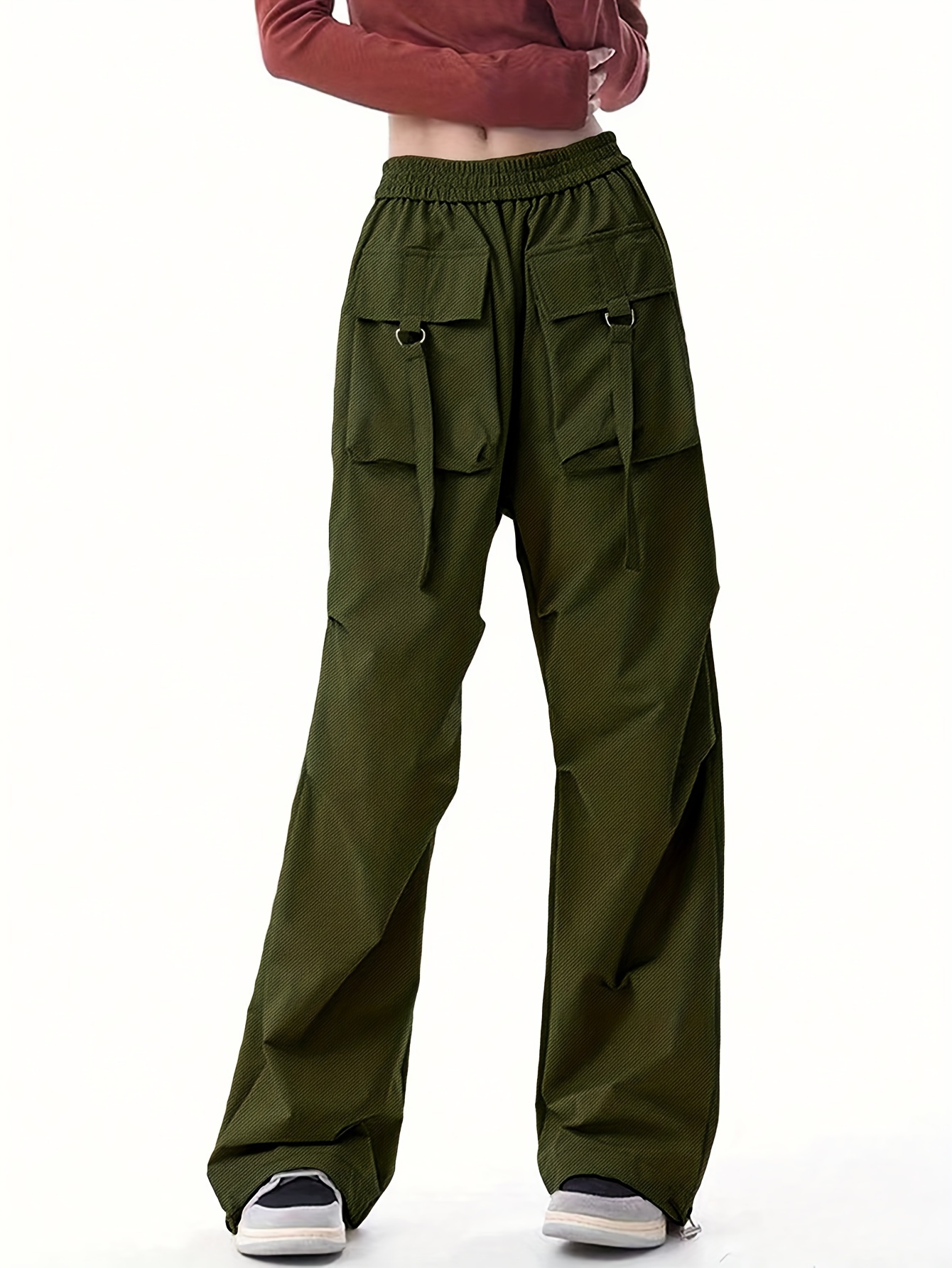 FANOYA Beach Pants for Women Solid High Waist Flap Pocket Cargo Pants  (Color : Army Green, Size : Small) : : Clothing, Shoes &  Accessories