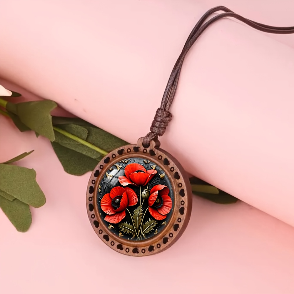 Poppy in Bloom Heart-Shaped Wooden Necklace, Cute Accessory