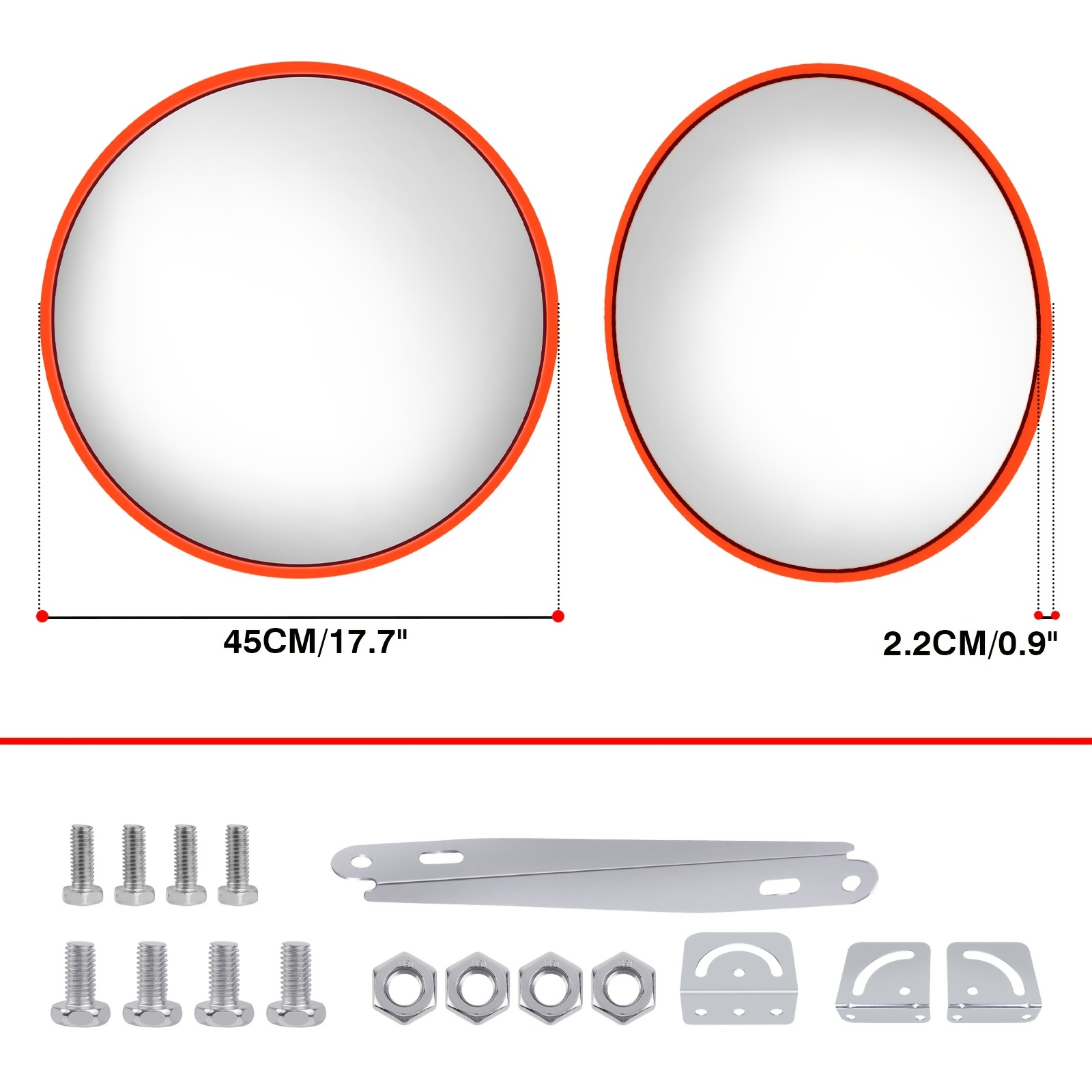 Image of 45cm/17.7inch Curved Safety Mirror With A Wide Angle Of 130° For Driveways, , Garages, Supermarkets, And Offices, Includes Wall Bracket, Orange