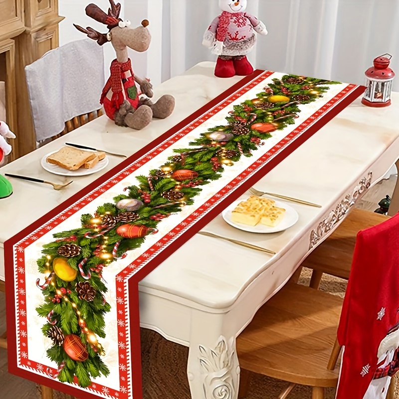 

Christmas Table Runner - 100% Polyester Woven Table Flag With Pine Leaves And Balls, Festive Holiday Home & Dining Decor, Rectangular, 35x180cm - 1 Piece