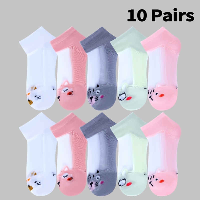 Image of 10 Pairs Ultra-thin Girls Summer Socks - Sheer Transparent Kids Ankle Socks, Breathable Fox Print For School, Outdoor &