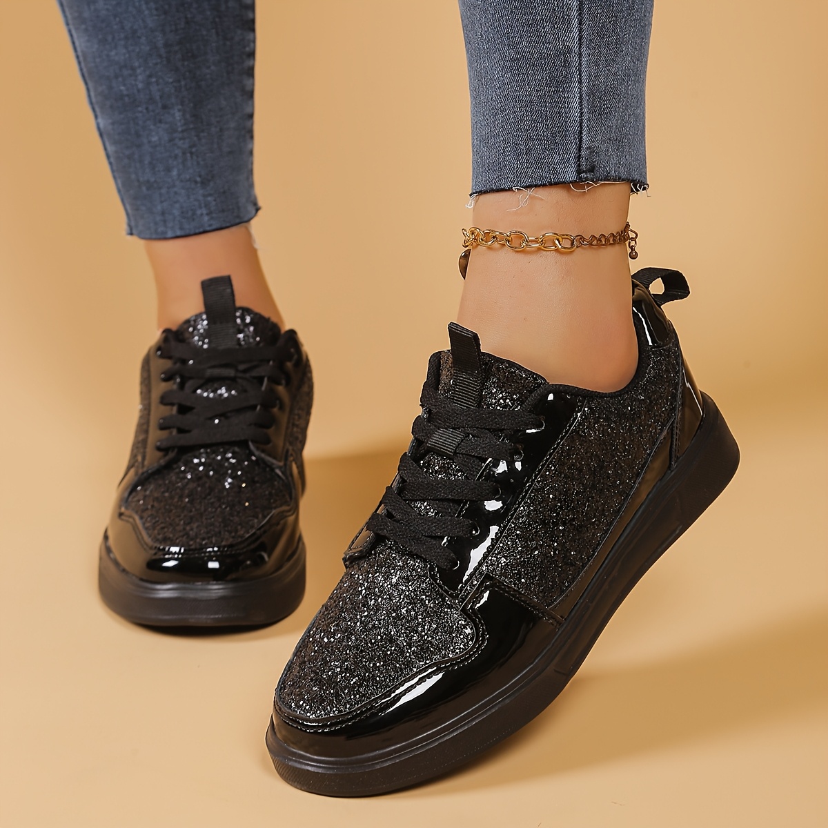 schwarze glitzer low top sneaker damen bequeme arbeitsschuhe