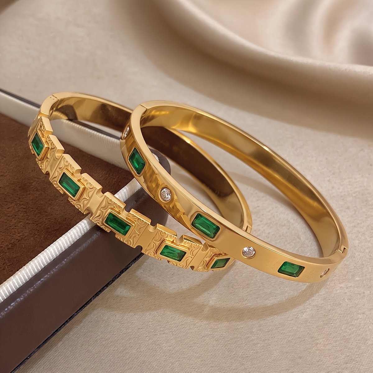 2pc Elegant 18K Golden Plated Bangle Set with Green Accents