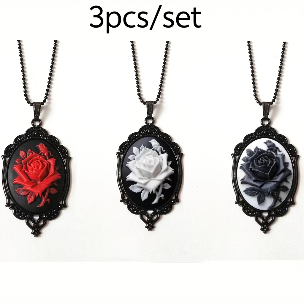 

3pcs/set , Rose With Lace Frame Pendant Necklace, Gothic Pendant Accessory, Elegant Style For Women.