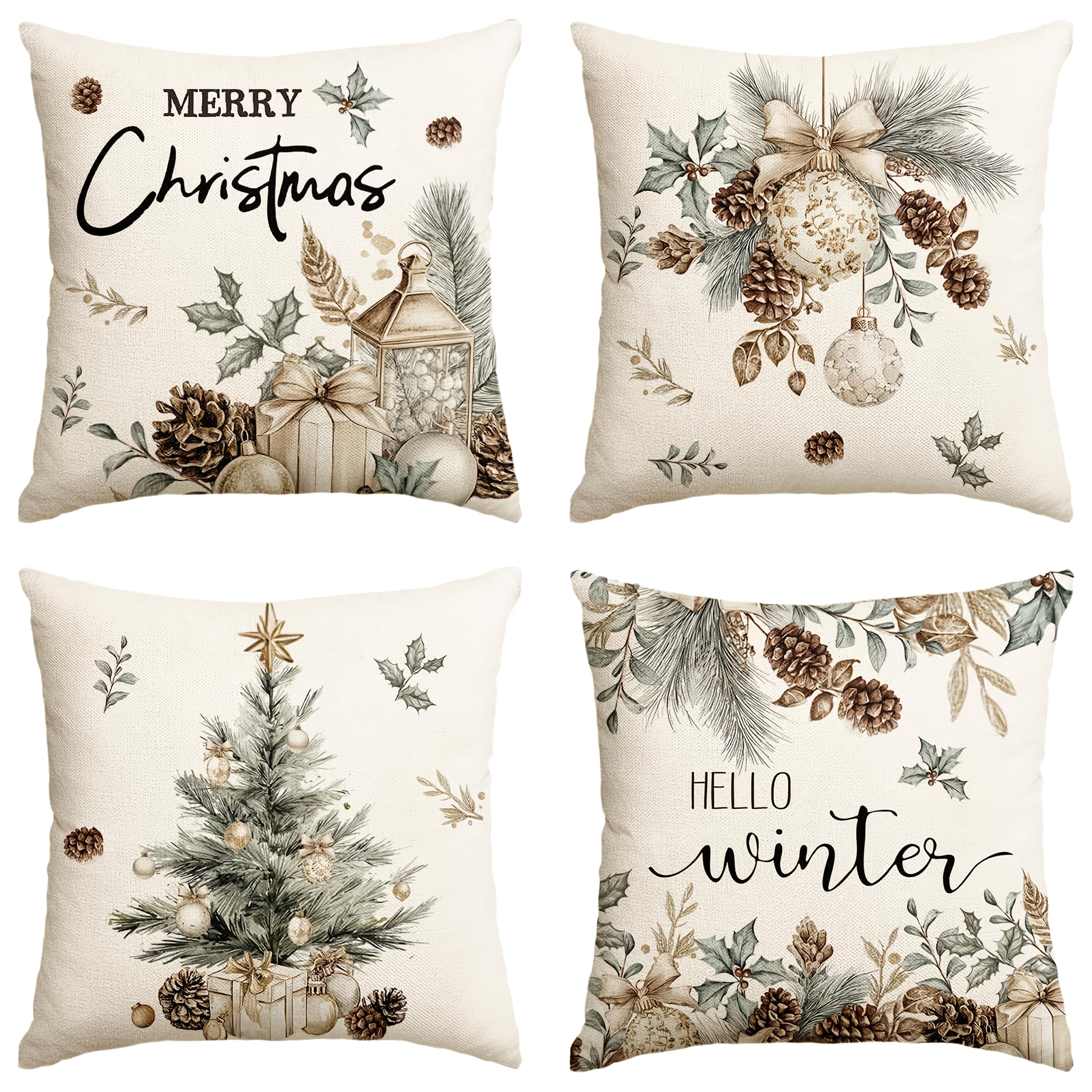Image of 4pcs Dokriy Christmas Tree Throw Pillow Covers - & Golden Ornaments, Contemporary Holiday Covers Suitable For Sofa Bed Chair, Zipper Closure & Machine Washable (no Insert) - Decorative Accent