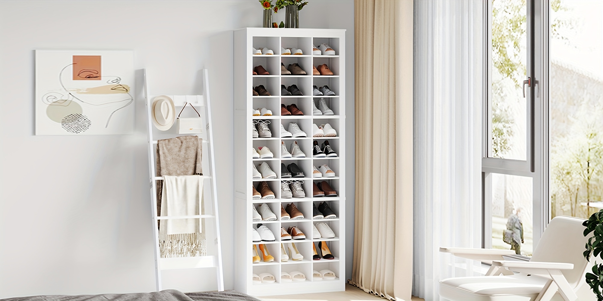 Shoe Storage Unit, Accommodates 36 Pairs, Freestanding Closet Organizer, 8.8-Inch Wide Wooden Shoe Organizer, 12-Tier Vertical Shoe Rack for Entryway And Bedroom, in White And Greige