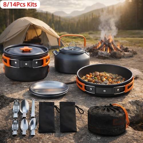 8 14pcs camping cookware mess kit portable non stick aluminum alloy cookware kettle pot frying pan plates forks knives spoons for camping backpacking outdoor cooking