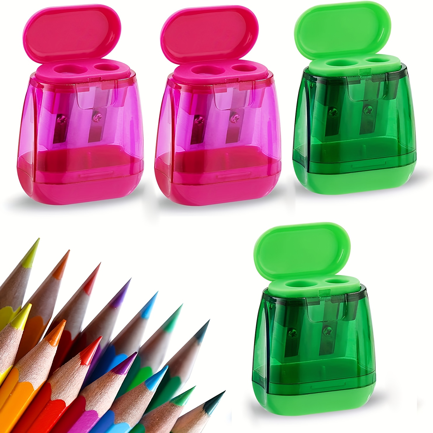 

1pc Dual Hole Manual Pencil Sharpener, Held Plastic Pencil Sharpener With Lid, No Feathers, For Classroom, Artist, Students, School, Home, Office - Red/green