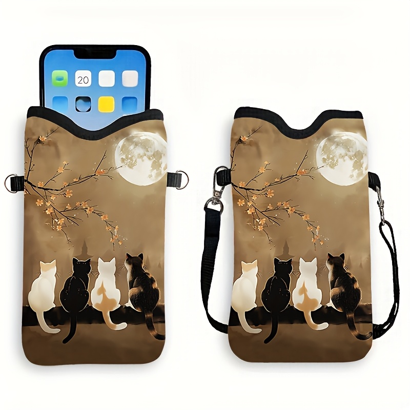 

Print Synthetic Leather Waterproof & Shockproof Phone Pouch With Adjustable Lanyard - Stylish Design With Cats & Moon, Compatible With Iphone 20 & More, Casual