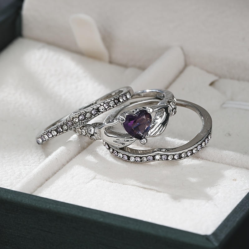TEMU 3pcs Rings Set, Vintage Style, Party Fashion Jewelry With Arrows Cubic Synthetic Zirconia In Purple, Blue & Pinkish