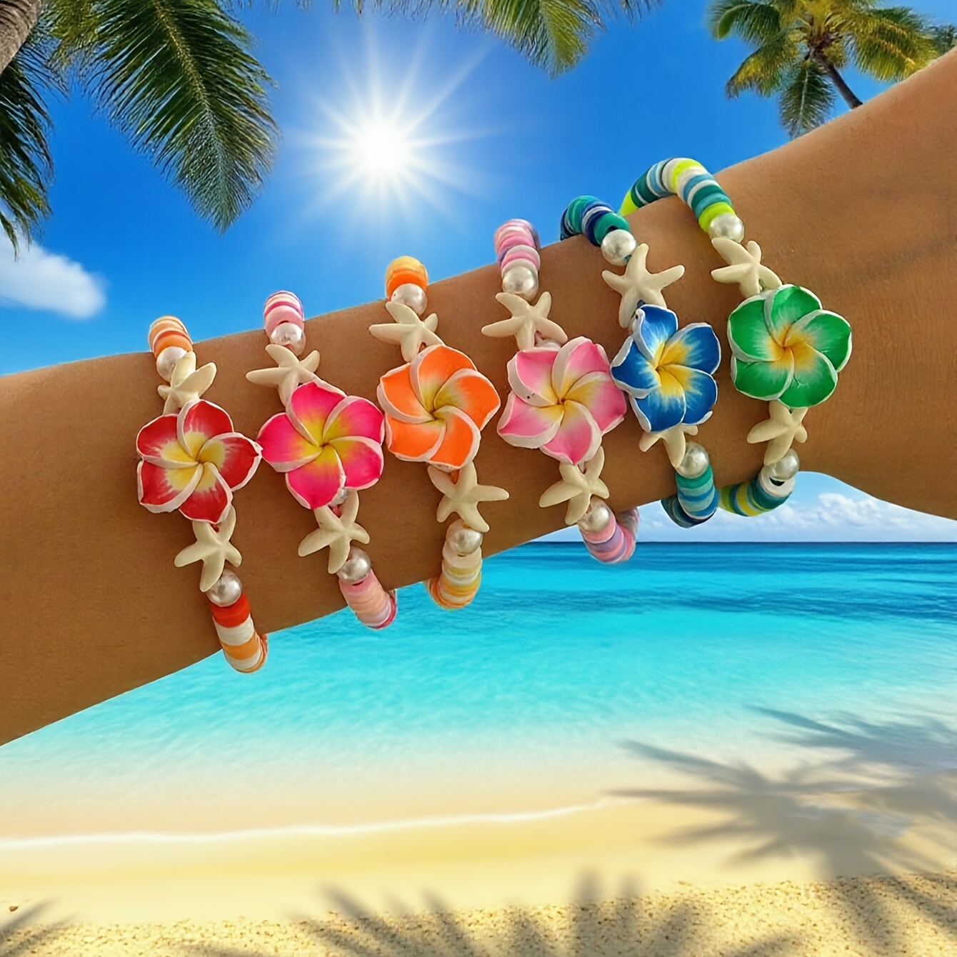 TEMU Set de 6 pulseras ajustables con un estilo bohemio de vacaciones en , con flores de arcilla , y perlas de , perfectas para regalar en ocasiones