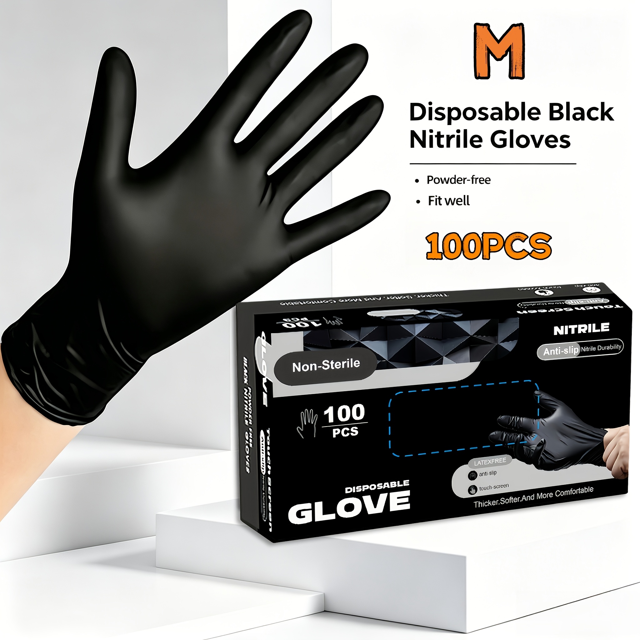 TEMU 100pcs - Gants en Nitrile Noir à Boîte, Jetables, Idéaux pour Tatouages, Peinture, S'occuper de Petits Animaux Mignons, Nettoyer les Articles de