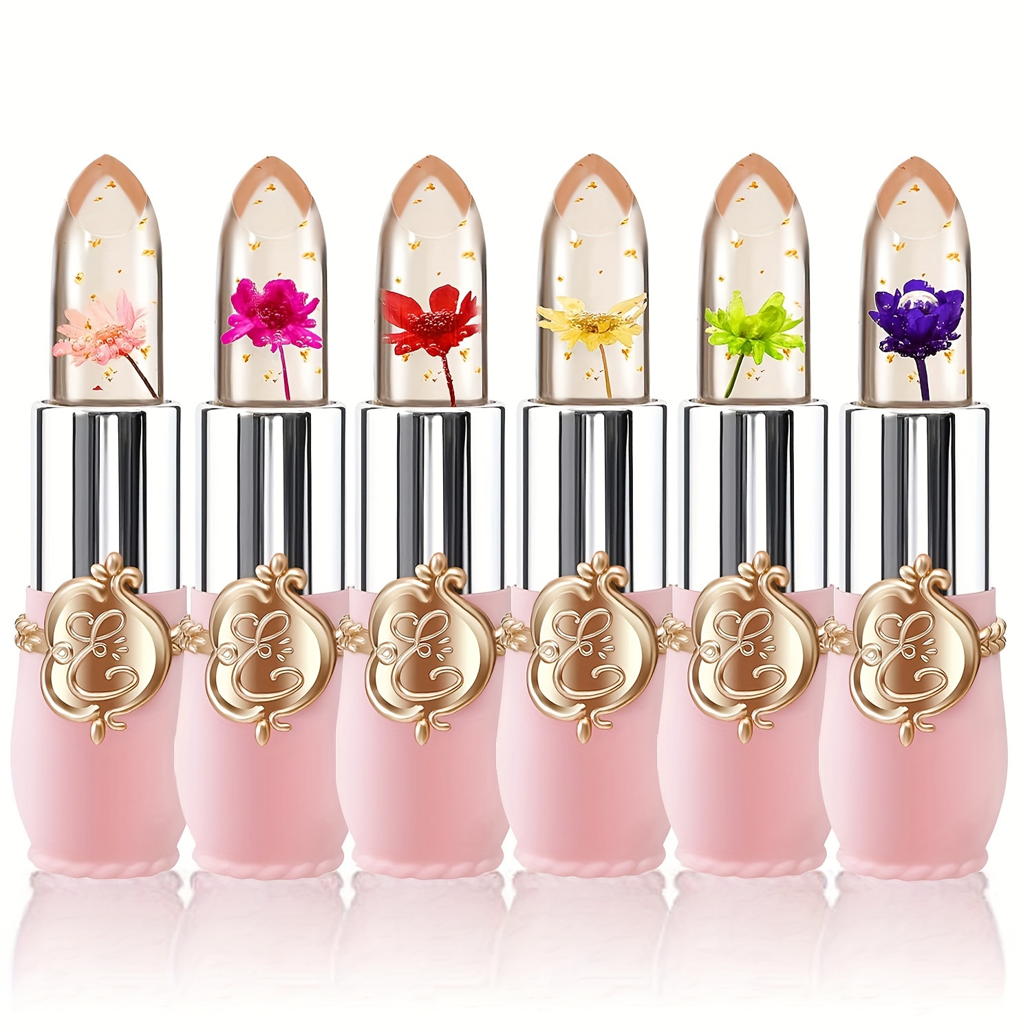 

6-pc Crystal Flower Jelly Lipstick Gift Set, Long-lasting Moisture Rich Lip Balm, Magic Temperature Color Changing Lip Care Cosmetics With Elegant Design, Gifts For Women