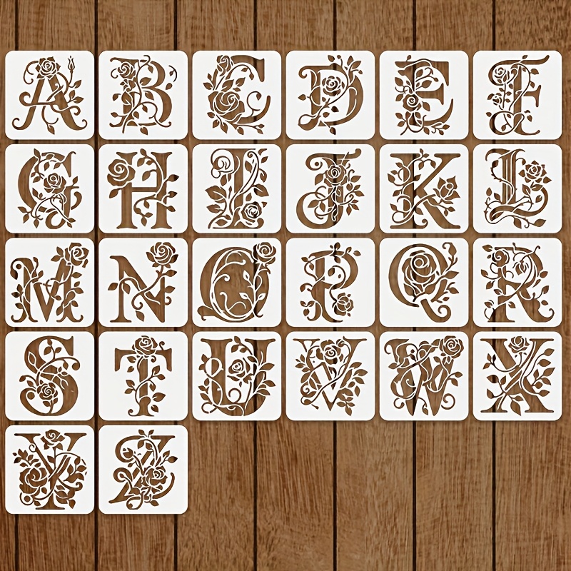 26pcs Flower Letter Templates, A 4.0-inch Reusable Painting Template, Suitable For Wall Stickers, Patches, Pillows, T-shirts, Carvings, Etchings, Plates, Glasses, Napkins, Mats, Wallets