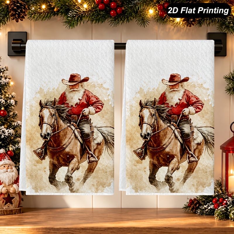 TEMU 2pcs Cowboy Santa Horse Western Christmas Kitchen Towels - 16"x24" Farmhouse Dishcloths & Suitable For Kitchen, Dining Table, Holiday Decor,
