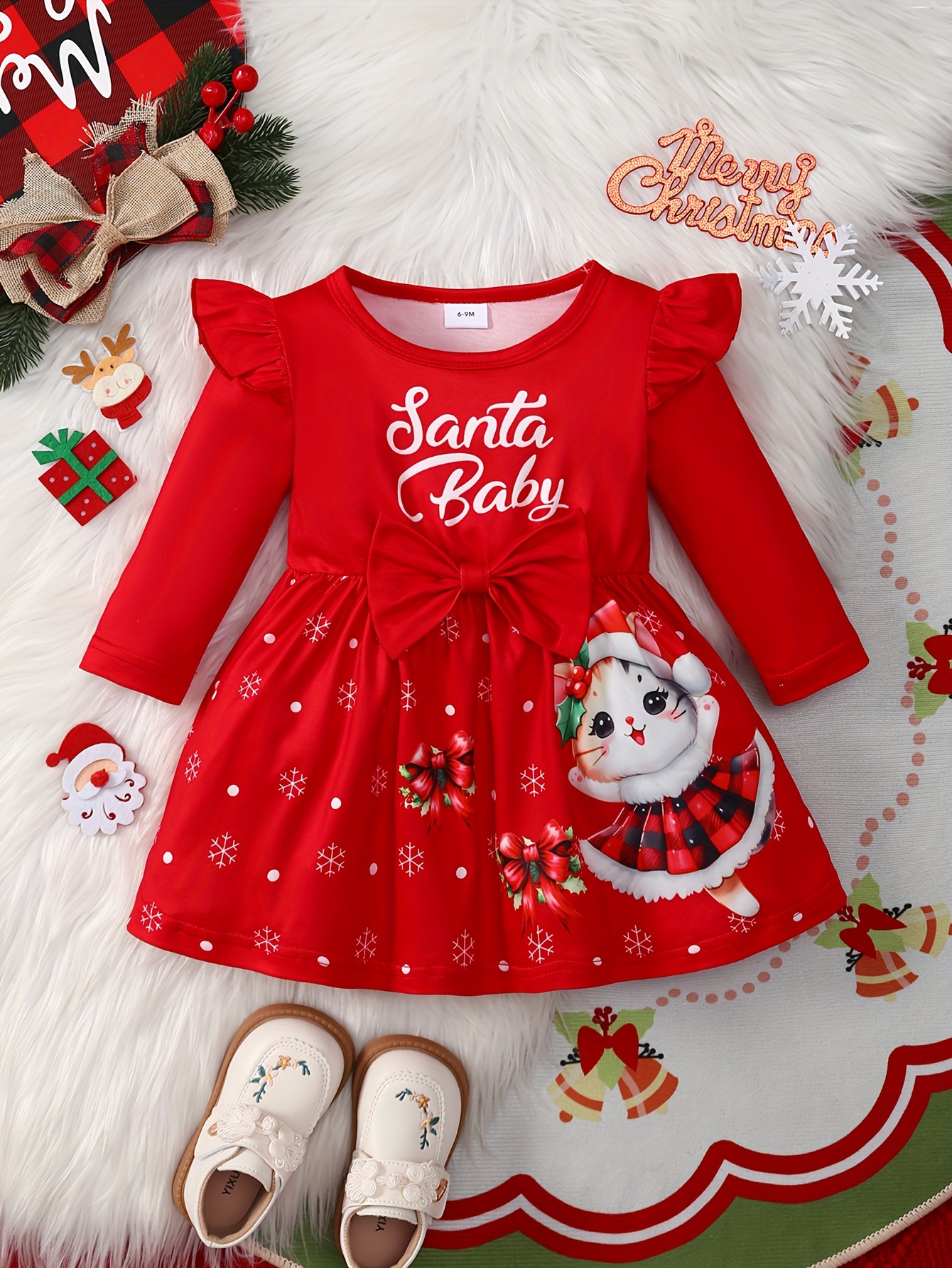 christmas baby girls ruffle long sleeve bow knot dress santa