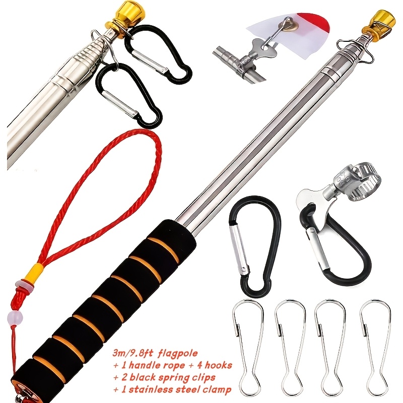 TEMU Portable Handheld Flag Pole For Carrying Stainless Steel Telescopic Lightweight Extendable Pointer With Anti-slip Grip With 4 Clips Stainless