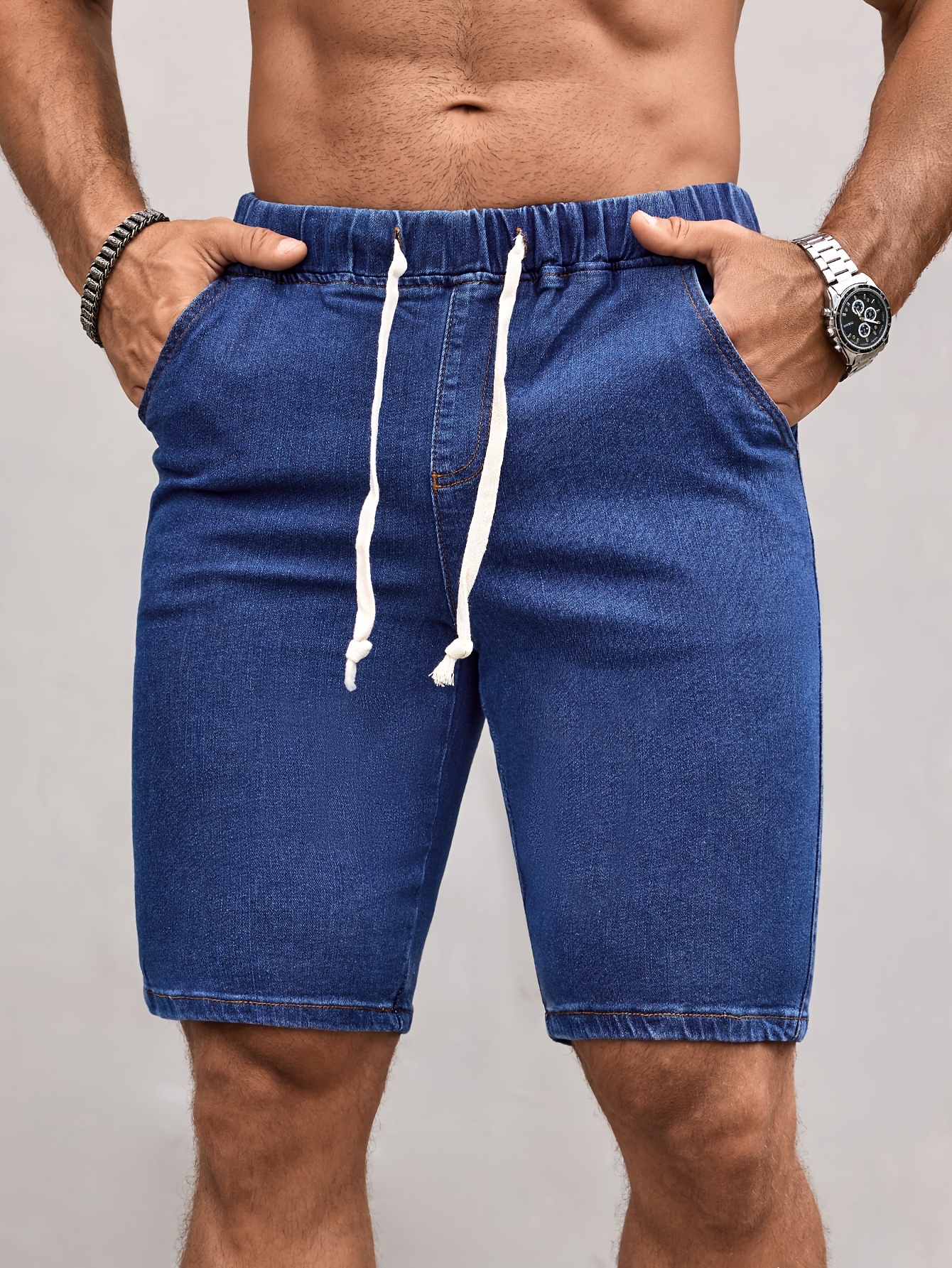 Men's Drawstring Waist Pockets Denim Shorts Jorts Plain Navy Blue Vacation Vintage Friends Going Out Hang Out Commute National Park Street