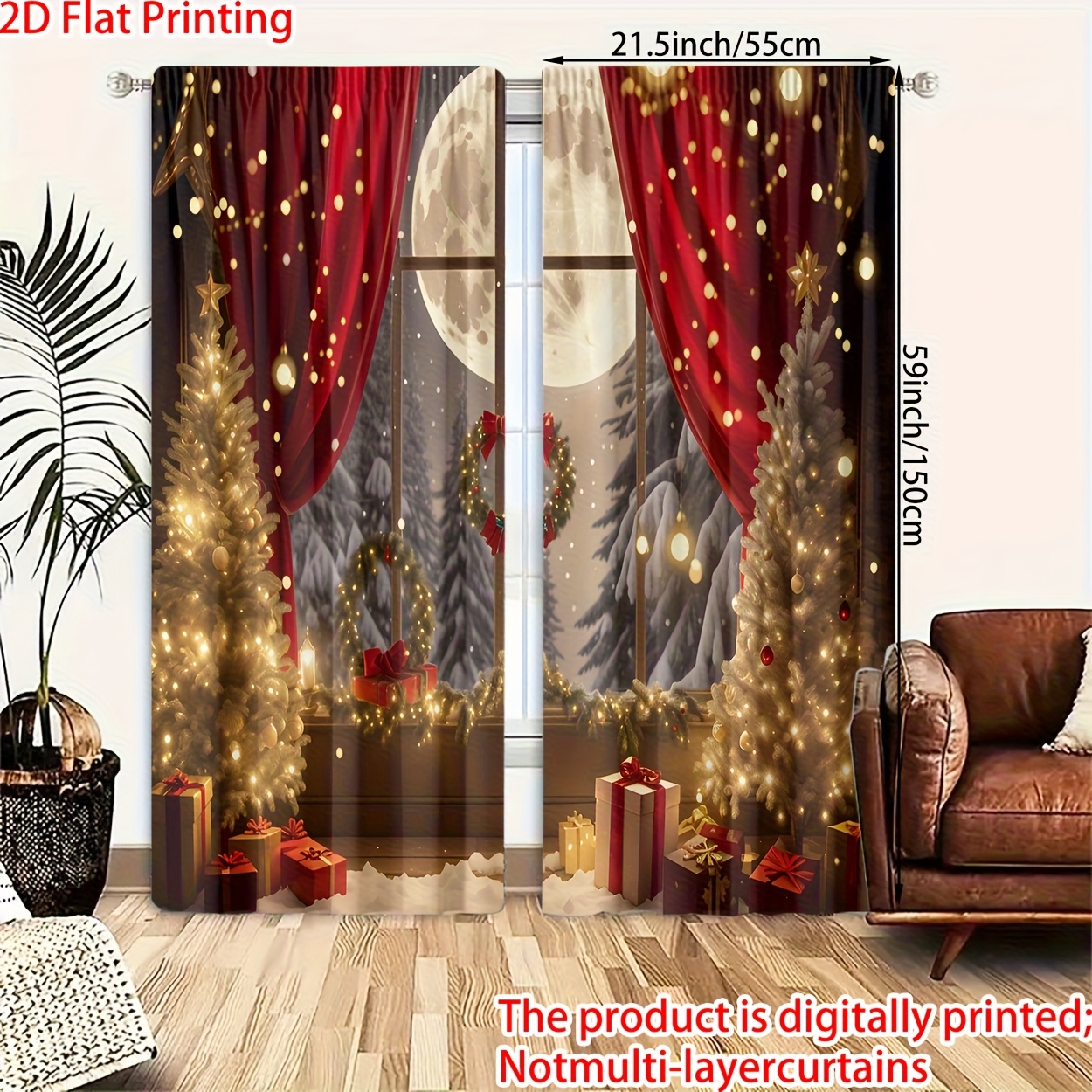 TEMU 2d Flat, 2 Panels, 2d Flat Printing, Printed Curtains, Polyester Material, High-definition Christmas-themed Decoration, Christmas Curtain With