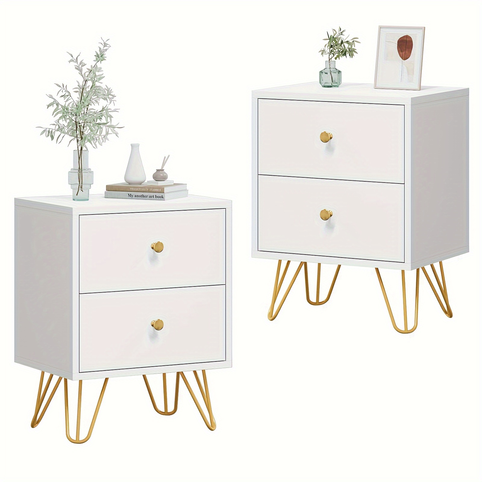 

Carpetnal Nightstand Set Of 2, End Side Table Double, Bedside Table With 2 Drawers, Dual Night Stand Metal Legs And Knobs For Bedroom Living Room