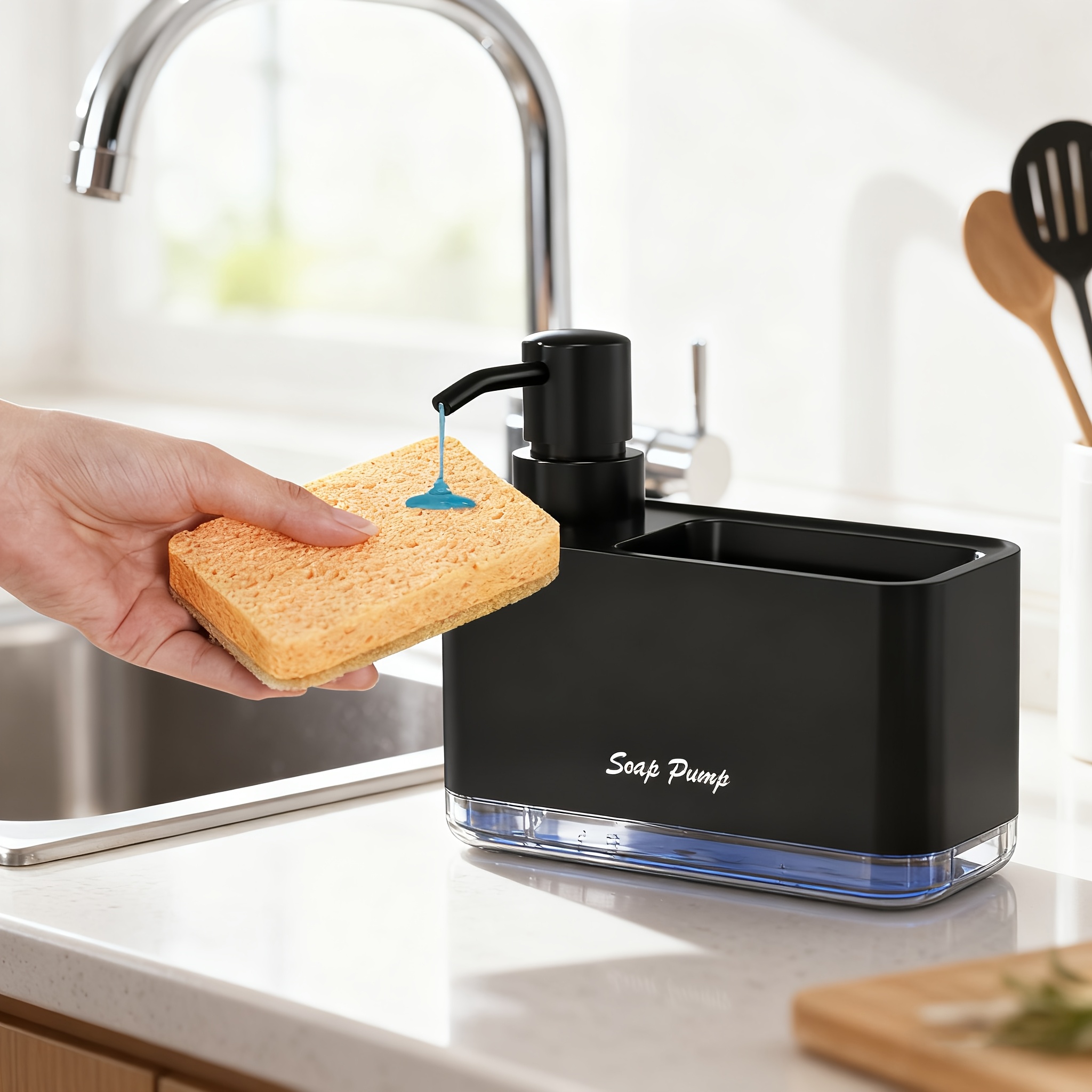 TEMU Distributeur de savon pour multifonctionnel 1 pièce avec porte-éponge intégré - Organisateur de comptoir, Tête de pompe -fuite, piles, Rangement