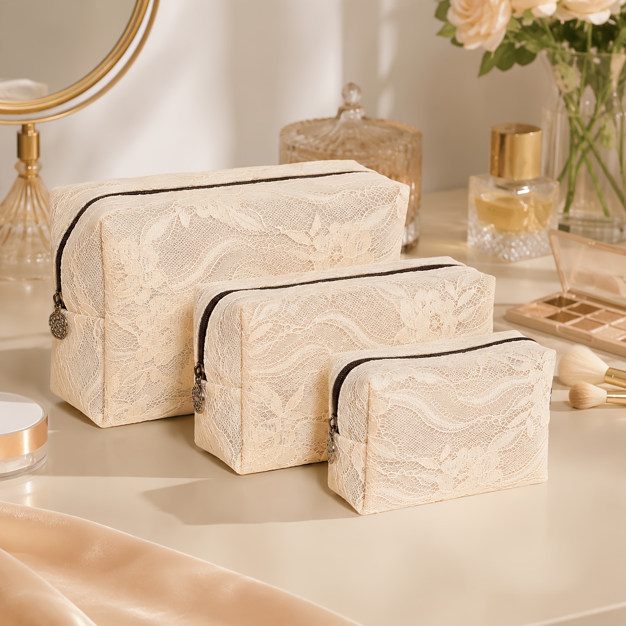 TEMU 3pcs Set: Large   Medium   Small Light Luxury Lace Makeup Bags, Mesh Evening Gown Bags, Portable Travel Toiletry Bags, Multi-functional With