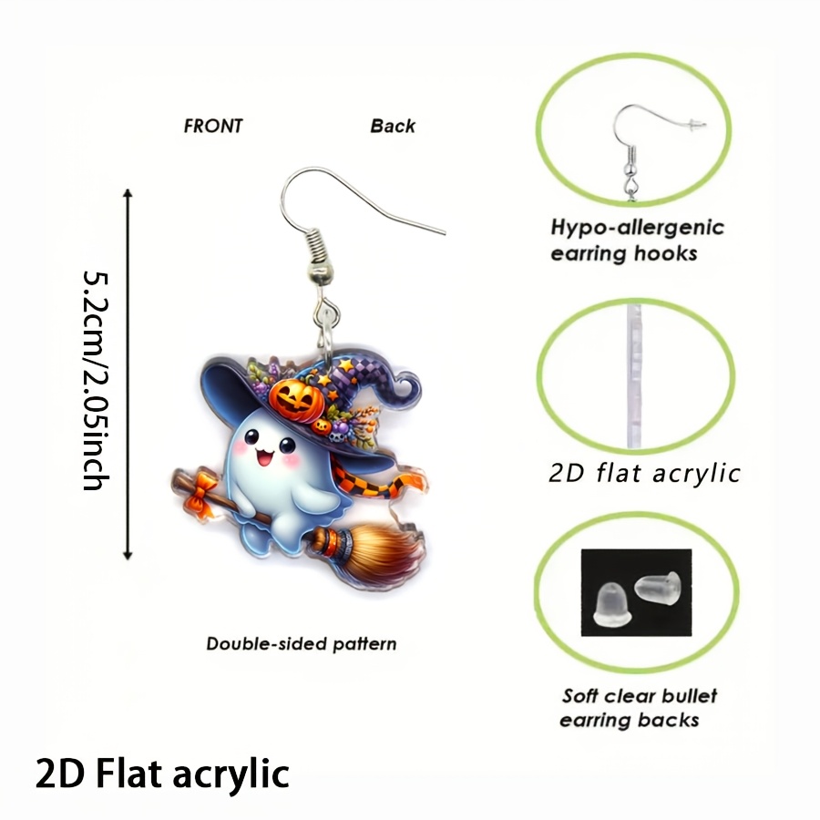 2D Flat Acrylic Witch Broom & Dangle Earrings