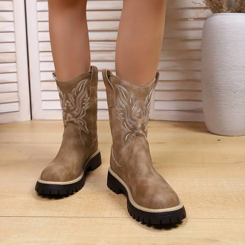 womens fashion toe thick solid color embroidery tube boots daily outdoor retro shoes