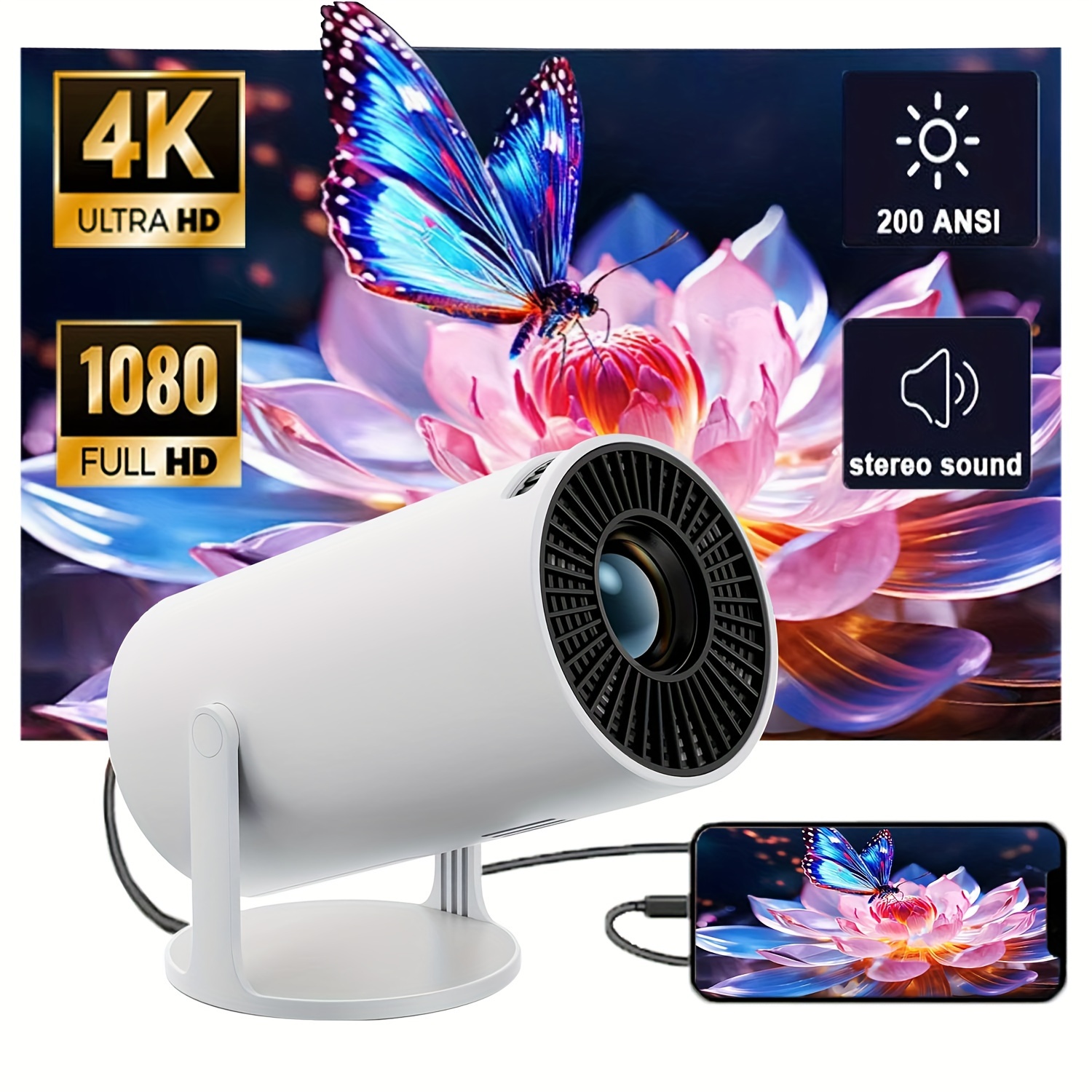 

Smart 1080p&200ansi Portable Home Theater Projector With Adjustable Bracket, 4k/smartphone/tablet/laptop/tv Stick/usb Drive Compatible