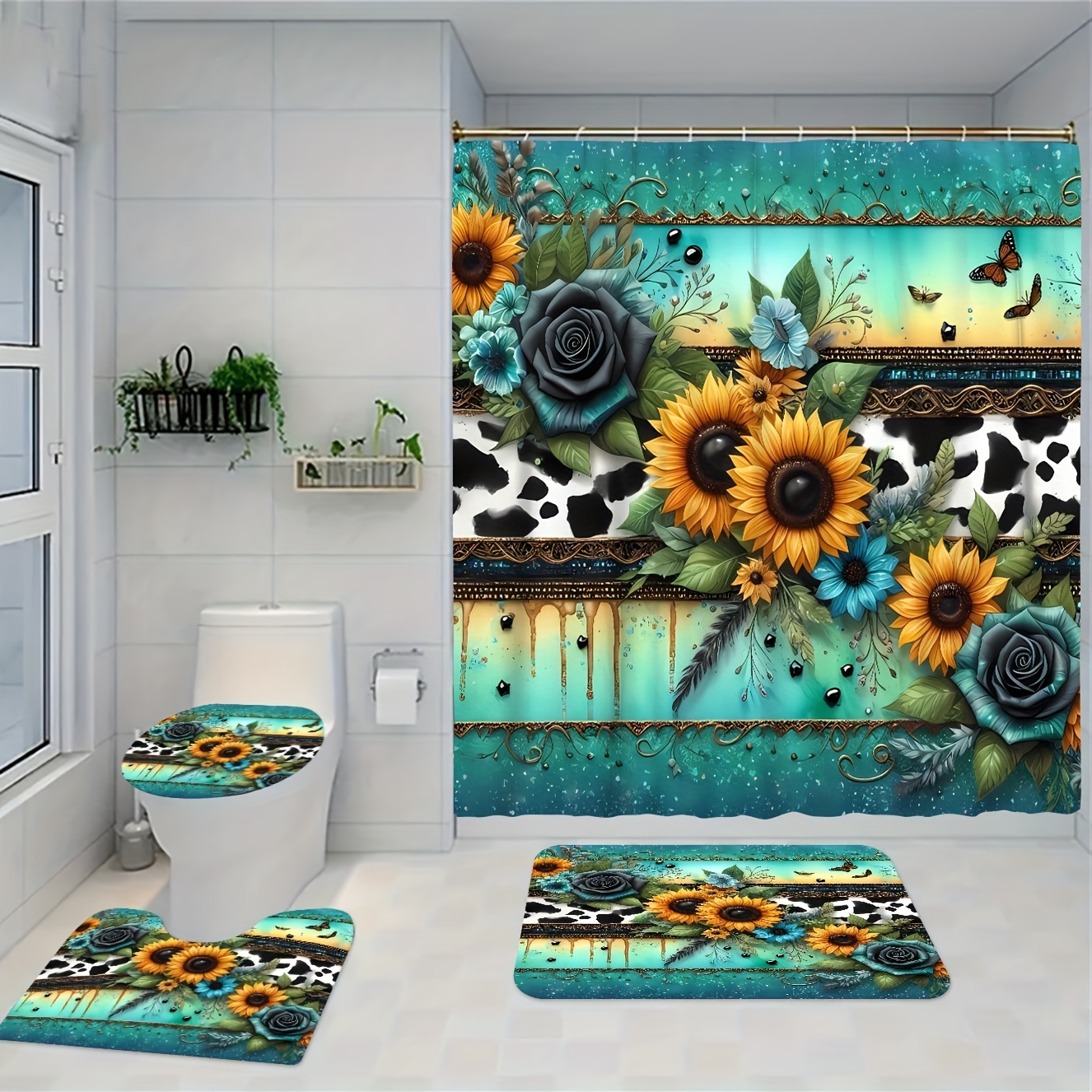 

1-piece Set Of Blue Striped Background Rose Sunflower Style Bathroom Shower Curtain Four-piece Set Toilet Three-piece Set