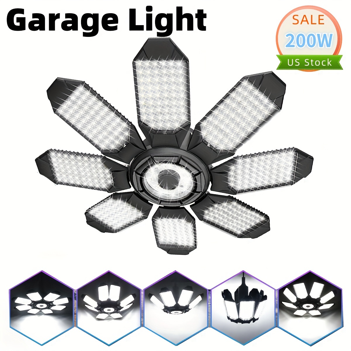 

8+1 Garage Light 200w Folding Garage Light Transformable Light E26 Ceiling Light High Industrial And Mining Lighting Warehouse Light Workshop Light 1pc/2pcs