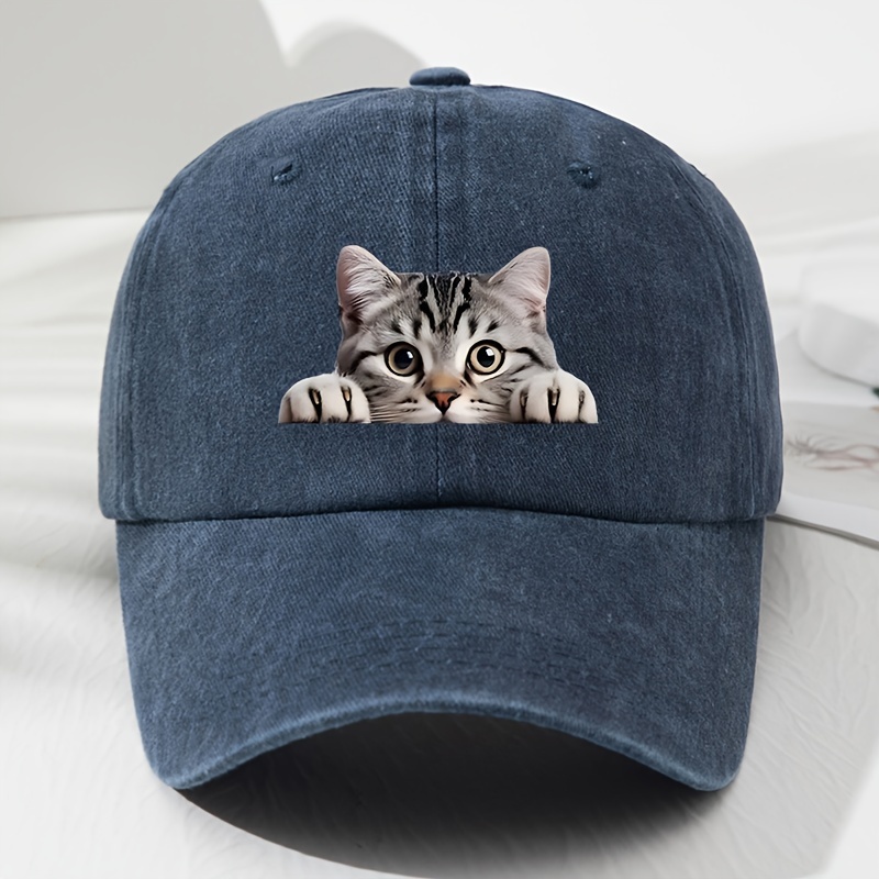 TEMU Unisex Cat Print Soft Top Baseball  , Vintage Style Adjustable Size Dad Hat, Outdoor Peaked   With Uv Protection For Sports, Fishing, Hiking, Camping