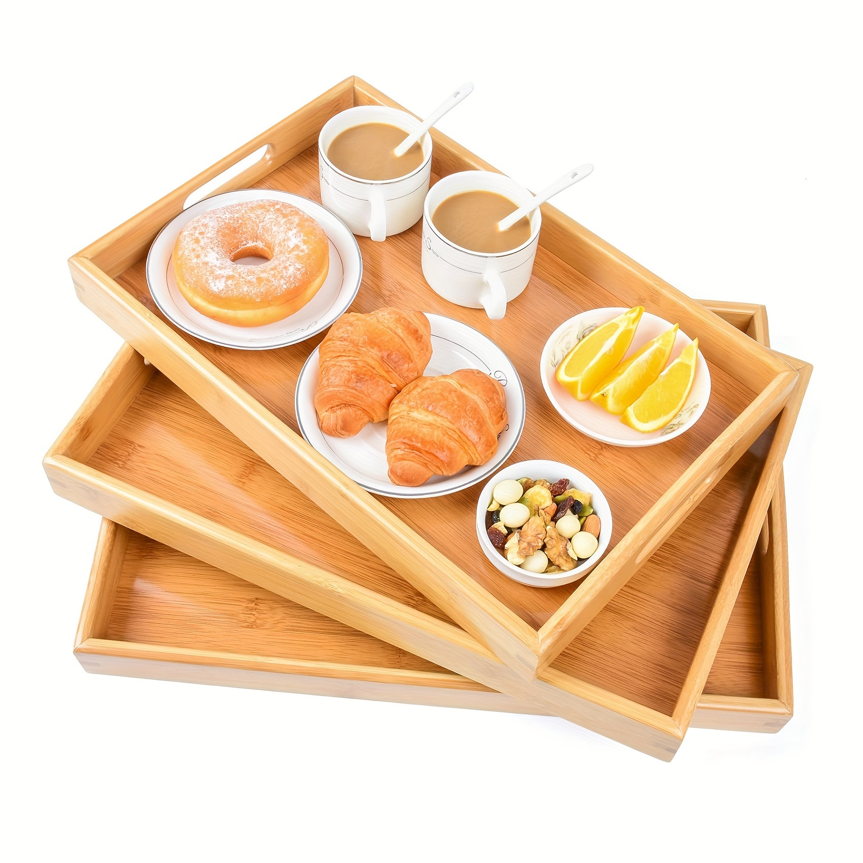 

Bamboo 3 Pack Serving Tray Kitchen Food Tray With Handles Serving Platters Tray Great For Dinners Party, Tea Bar, Table Breakfast Snack