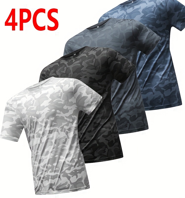 4pcs Men's Camo Athletic T-Shirts - Lightweight, Breathable Mesh Short Sleeve Crew Neck Tops for Running, Gym & Casual Wear - Moisture-Wicking Quick-Dry Tees in Blue, Black, White & Gray Camouflage Patterns, Gym Shirts