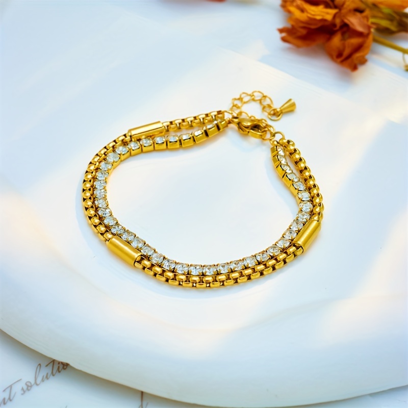 Golden Tone Rhinestone Double Chain Bracelet for Parties & Gifting