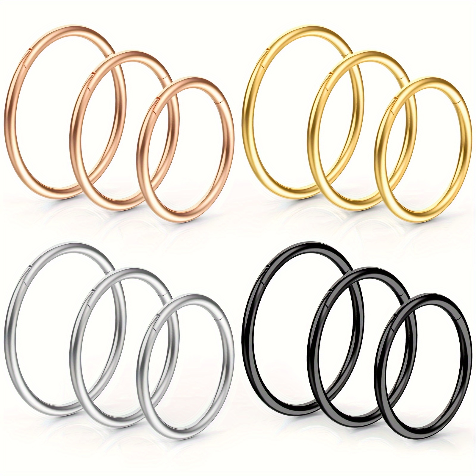 TEMU 12pcs Ring Nose, 18g, 316l Surgical Steel Hinge Nose Ring For Women And Men, Nose Ring, Septum Ring, Cartilage Lip Ring, Body Piercing Jewelry