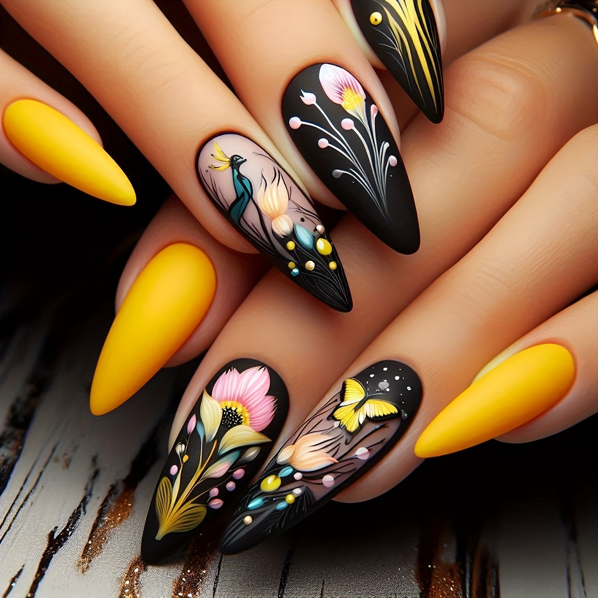 TEMU Full Set Of 24pcs Mid-length Almond-shaped Press-on Nails, Matte Texture With Yellow Main Color. Peacock, , Pink Floral , Including 1pc Jelly