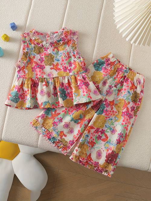 2pcs set print wisteria lace wide shoulder outfit fashionable country summer thin clothes suitable for outdoor vacation beach wedding birthday for girl gifts for outdoor
